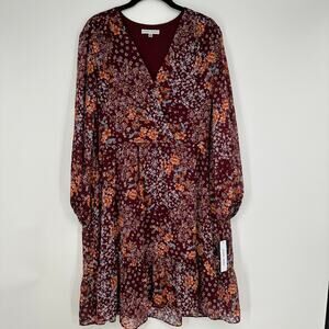 Sandra Darren Wine Floral Long Sleeve Surplice Bust New Dress Womens Plus Sz 16